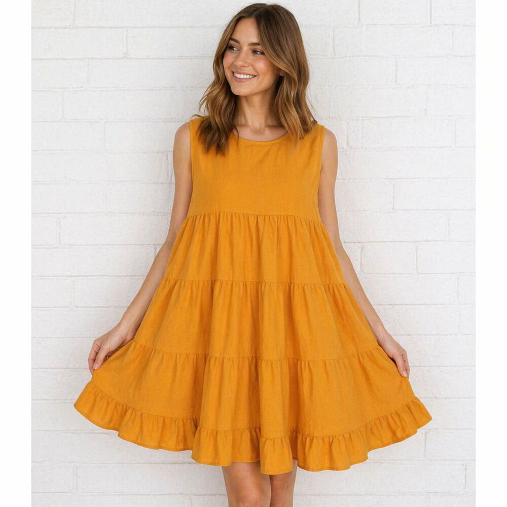 New Gigio M 8 10 Goldenrod Swiss Dot Tiered Round Neck Sleeveless Swing Dress